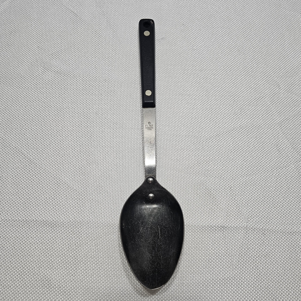 Ekco Flint Stainless Steel Serving Spoon Black Riveted Handle USA Vintage 11.5in